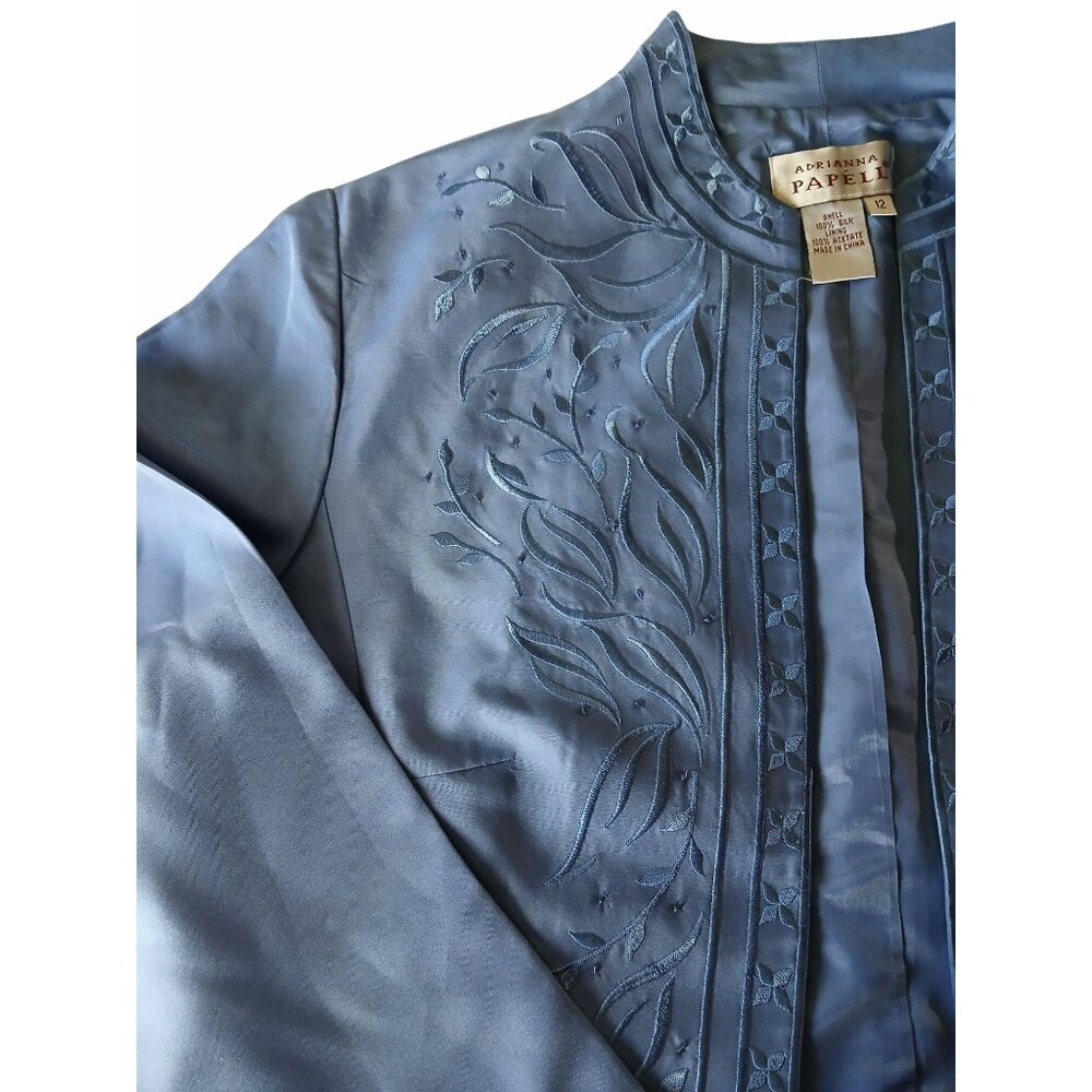 Adrianna Papell Blue Embroidered Silk Jacket Shell Size 12 Womens Embroidered - Picture 12 of 16